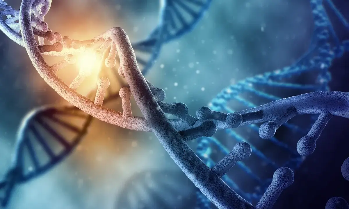 Doppia elica di DNA con luce brillante, che illustra il significato dell'epigenetica e come i geni possono essere attivati o disattivati.