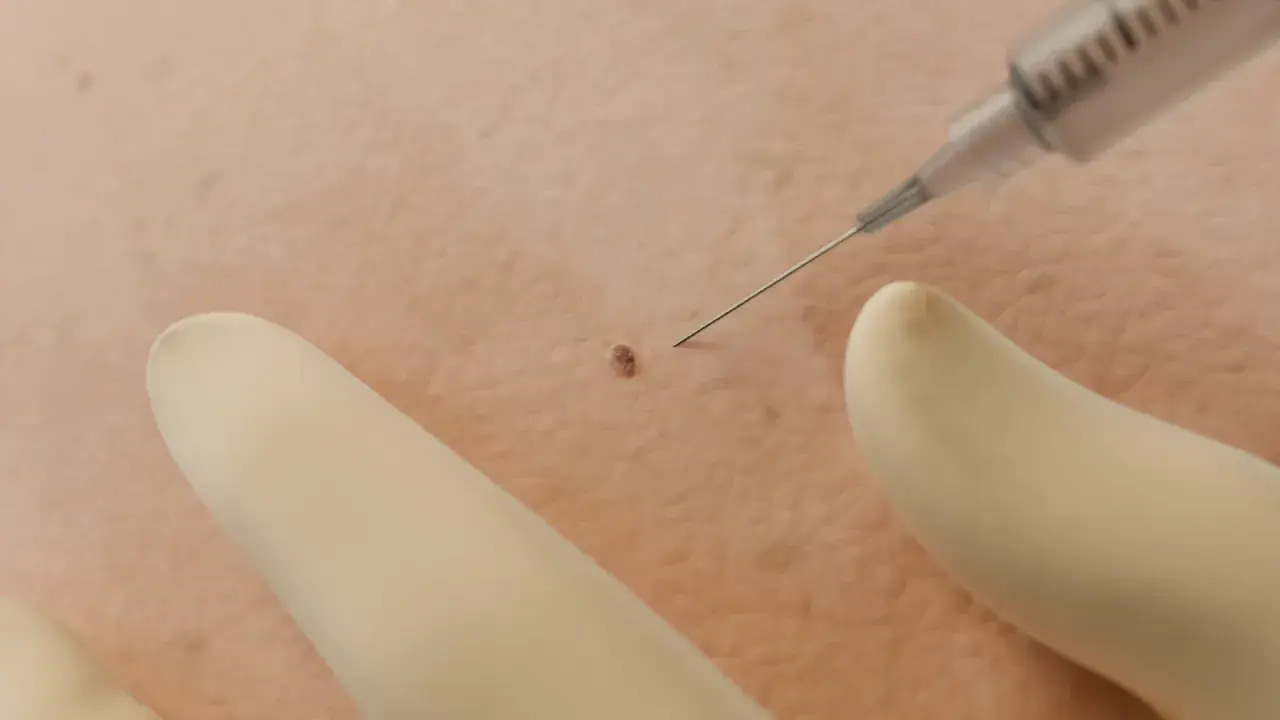Ago sottile di una siringa si avvicina a un neo per una biopsia cutanea. Mani con guanti proteggono la pelle.