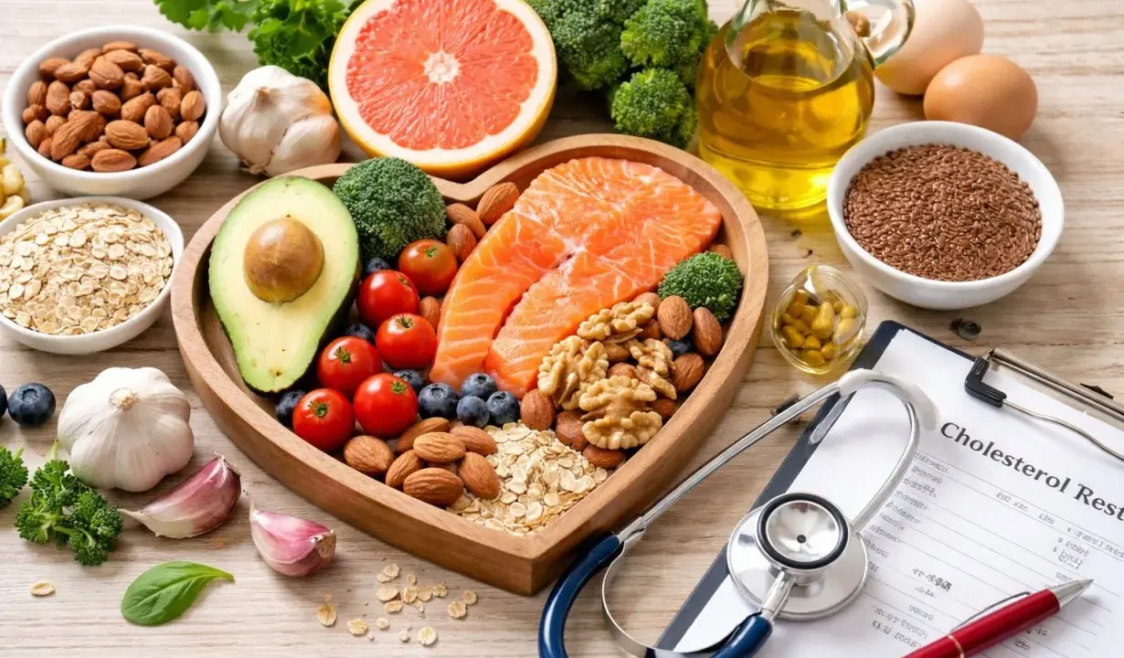 Alimenti sani per combattere colesterolo alto e stress: salmone, avocado, frutta secca, verdure e semi.