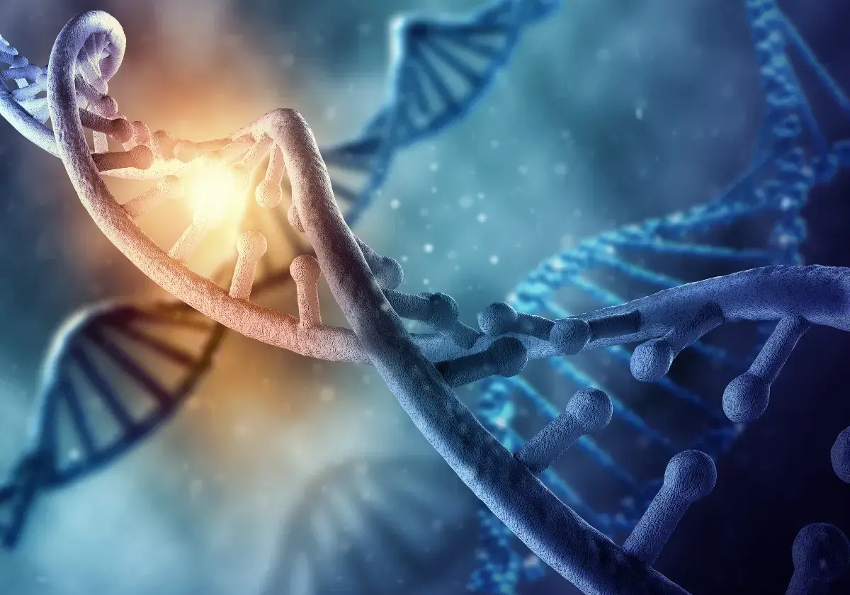 Doppia elica di DNA con luce brillante, che illustra il significato dell'epigenetica e come i geni possono essere attivati o disattivati.