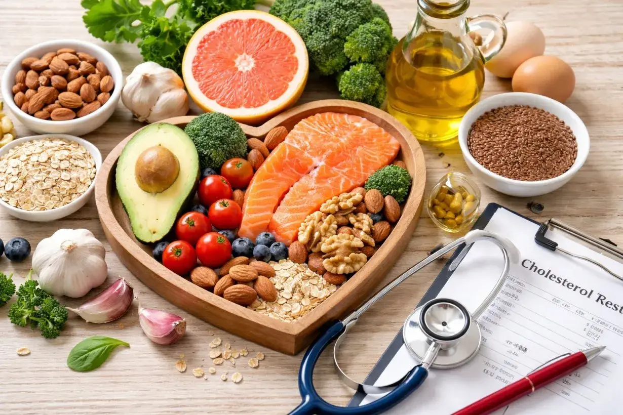 Alimenti sani per combattere colesterolo alto e stress: salmone, avocado, frutta secca, verdure e semi.