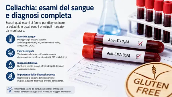 Esami del sangue per la diagnosi celiachia: provette con Anti-tTG e Anti-EMA, foglio con analisi e simbolo Gluten Free.