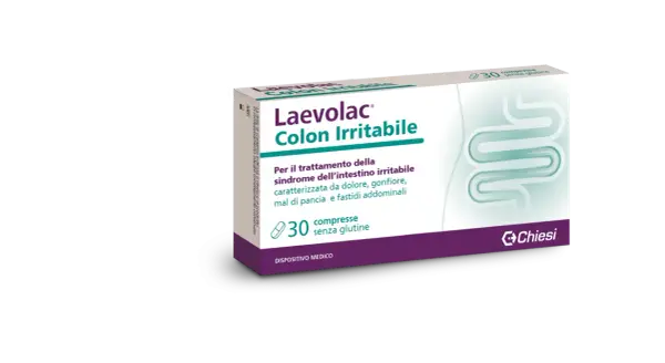 Confezione Laevolac Colon Irritabile, 30 compresse senza glutine, per il trattamento della sindrome dell'intestino irritabile. Contiene mebeverina cloridrato.