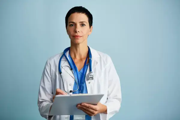 Medico con camice bianco e stetoscopio, appunti su cartella clinica. Ricerca sulla sindrome di Laron.