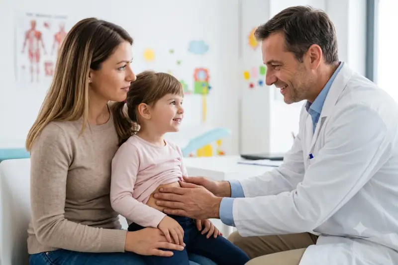 Medico esamina addome bambina con madre, preoccupati per possibile tumore di Wilms.